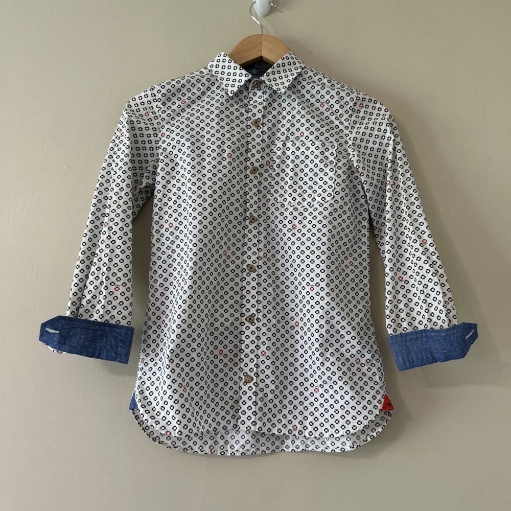 Baker Ted Baker Button Down Boys Size 10 White Nautical Print Long Sleeve Preppy